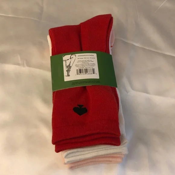 Kate Spade 3 Pair Crew Socks Pink With Doves, Red & White Shoe Size 4-10 NWT - Picture 5 of 11